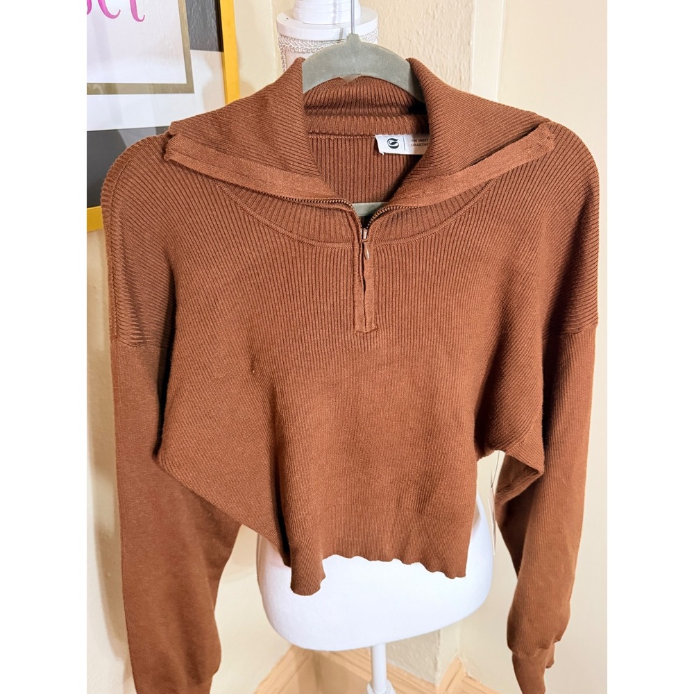 The Sweet Collective Buckley Zip‎ Sweater Brown Ribbed Cropped Quarter Zip Large